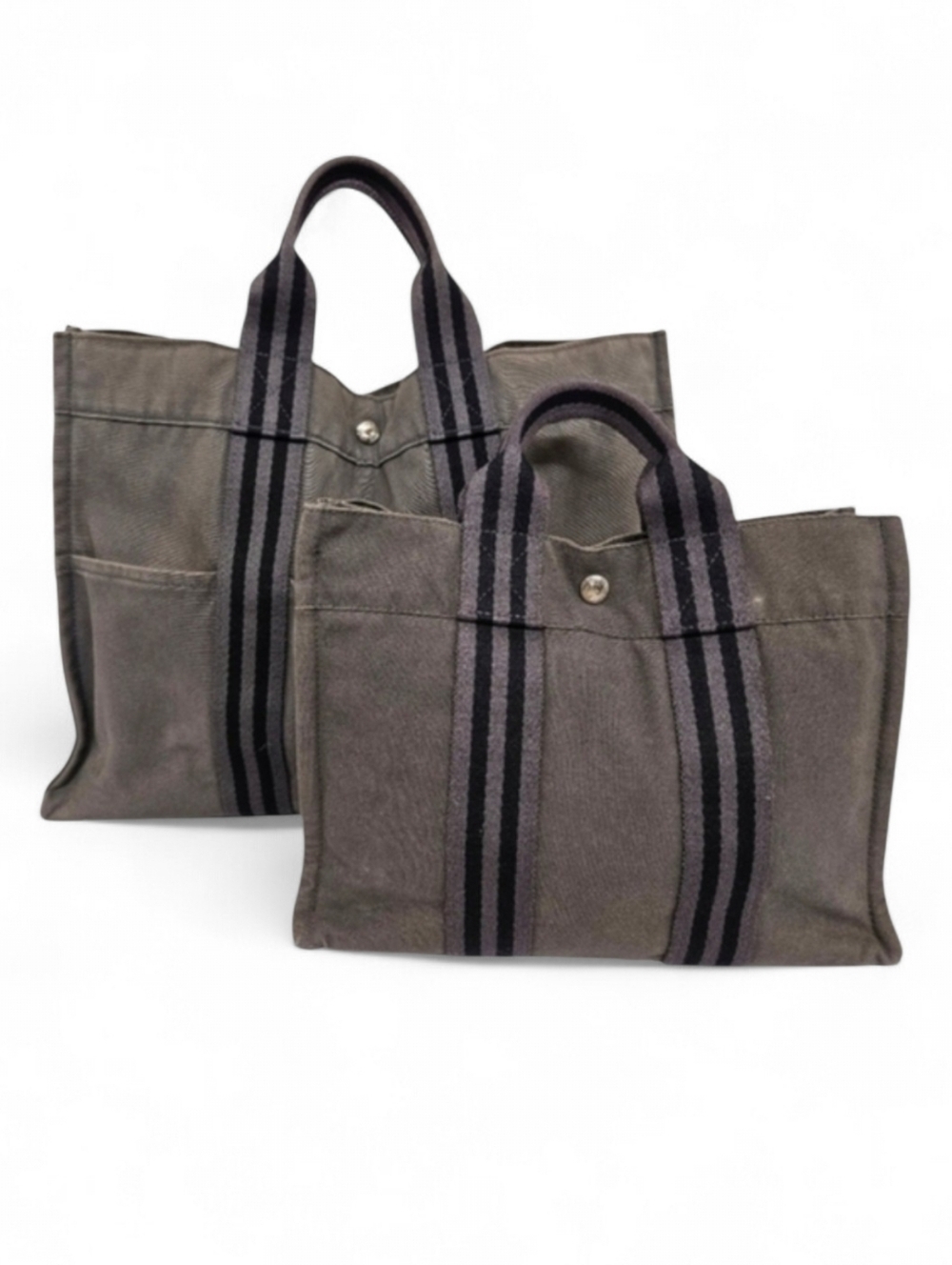 Hermes Canvas Fourre Tout Holdall MM and GM Tote Bag Set in Gray and Black